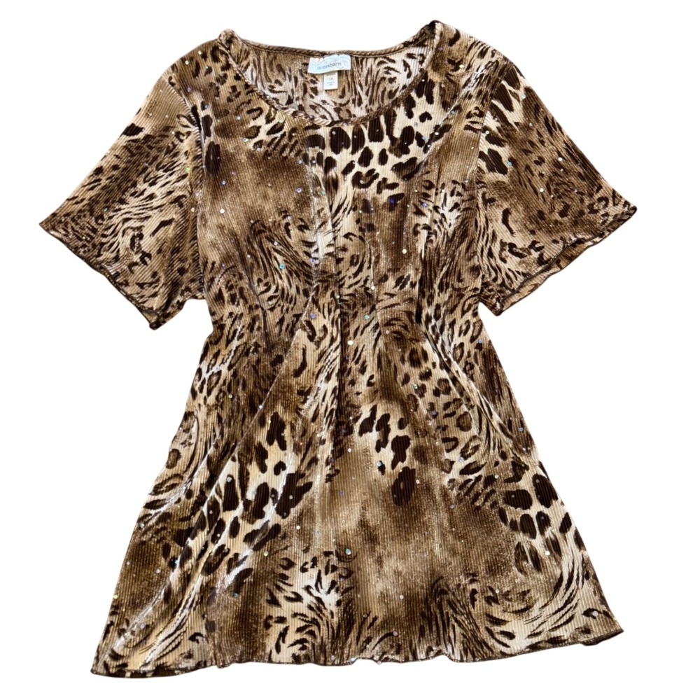 Dressbarn Leopard Print Top Woman 1X Brown Plisse Sequin Short Sleeve Blouse